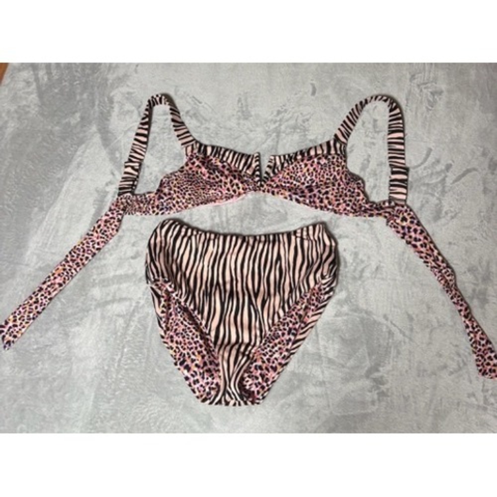 Sanctuary Bikini Set Large Pink Black Animal Print High Waist Bralette Beach